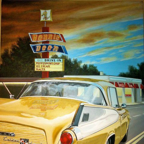 old timey graphic of a fifties drive in at Bonnie Doon's